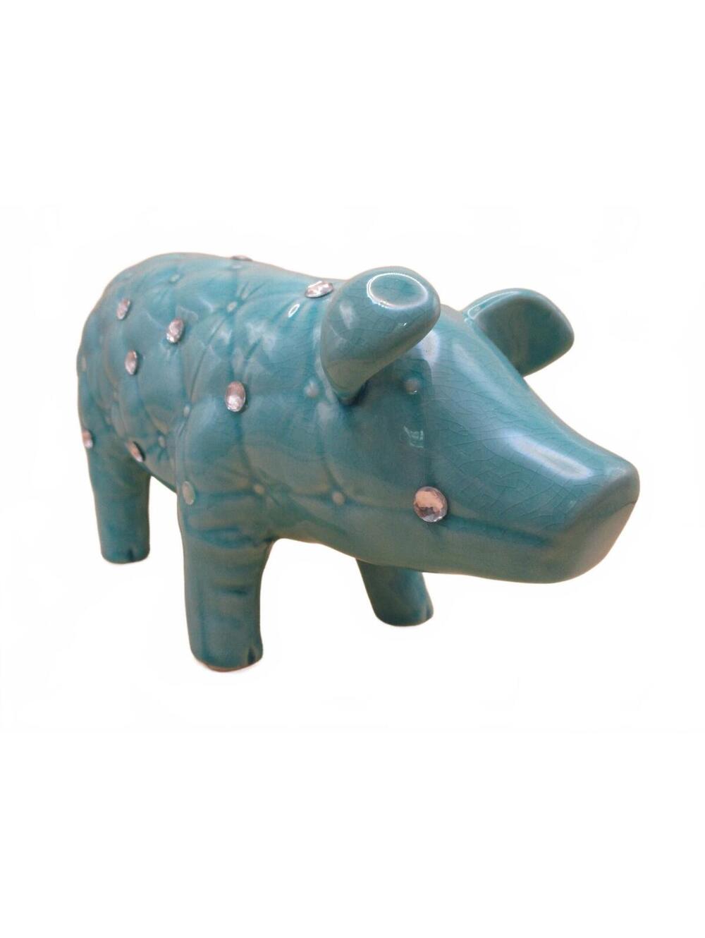 Teal Ceramic Piggy Bank Rhinestone Accents Turquoise Large Coin Box 11 Inch